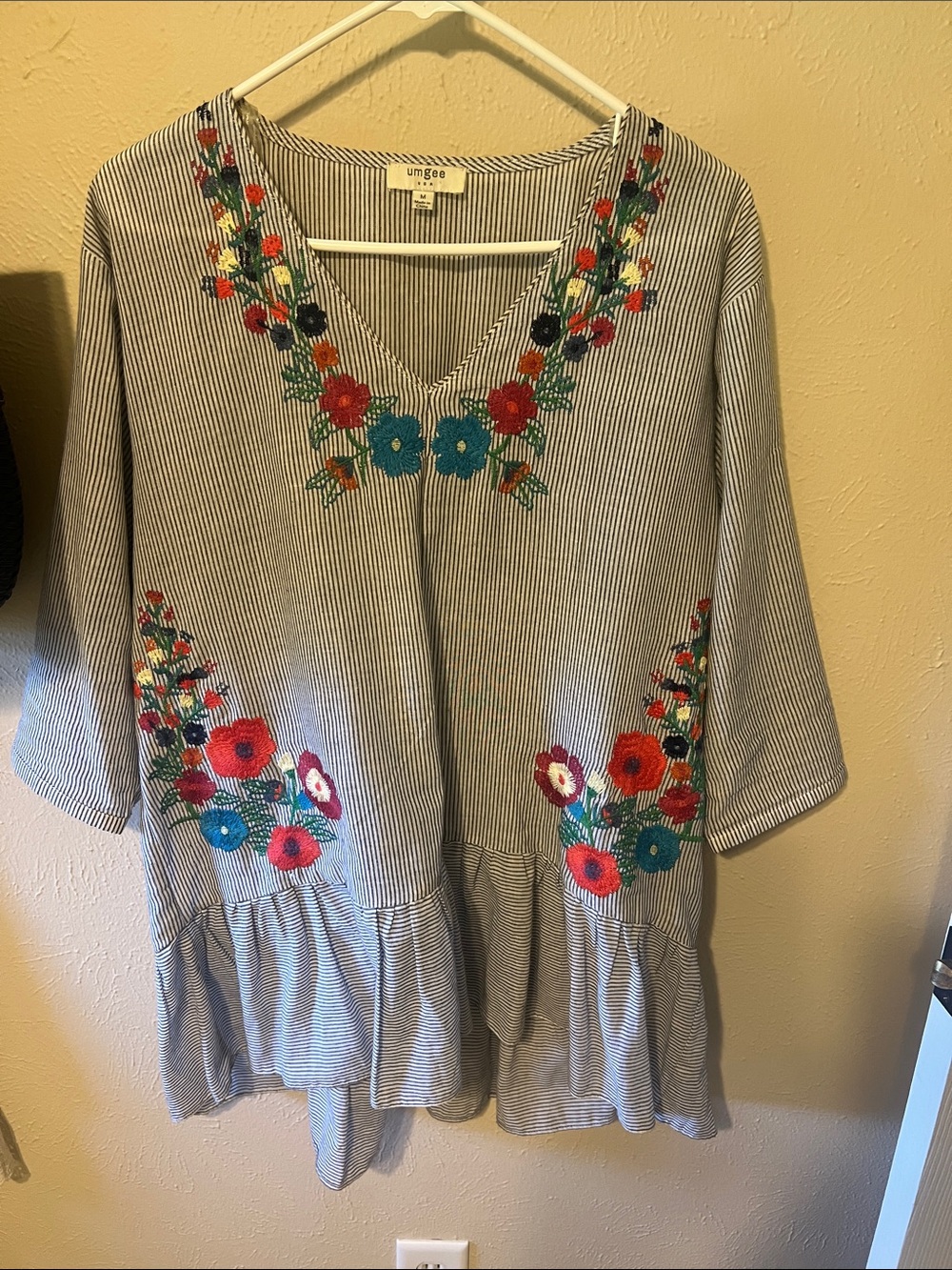 Umgee Striped V-Neck Tunic with Bright Floral Embroidery